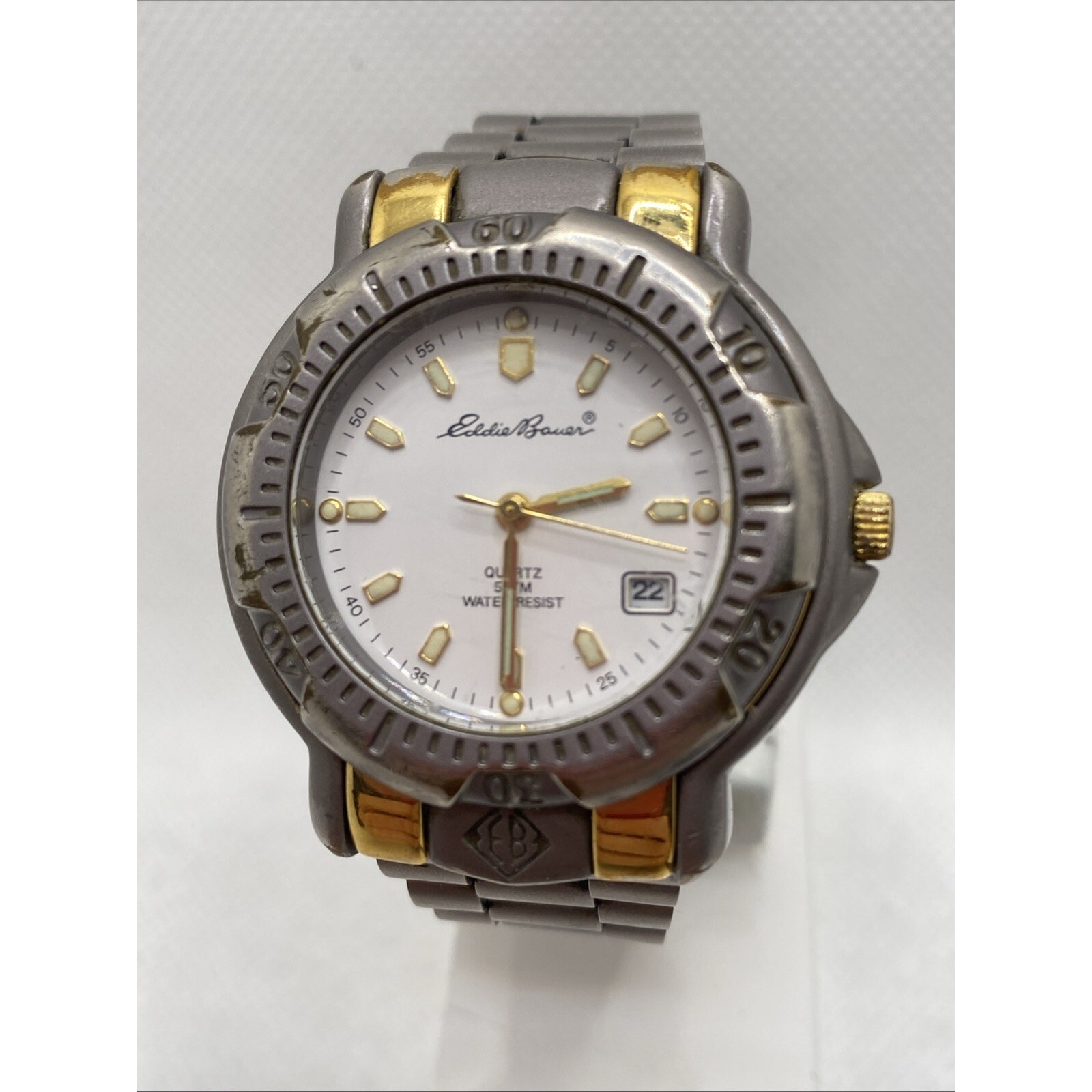 Vtgeddie Bauer Quartz Mens Watch Stainless Silver Steel Date Watch New Battery